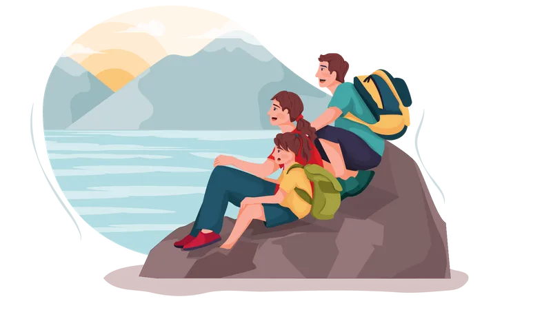 Family enjoying on lake side  Illustration