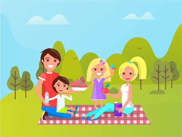 Mother And Father Daughter And Sin Vector People Sitting On Blanket With Food Couple With Children Smiling Of Having Goof Time Family Having Lunch Illustration