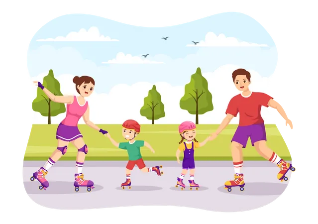 Kids Riding Roller Skates In City Park For Outdoors Activity Sport Recreation Or Weekend Leisure In Flat Cartoon Hand Drawn Templates Illustration 일러스트레이션