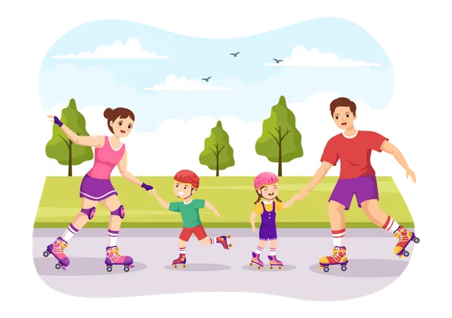 Family enjoying roller skating  Illustration