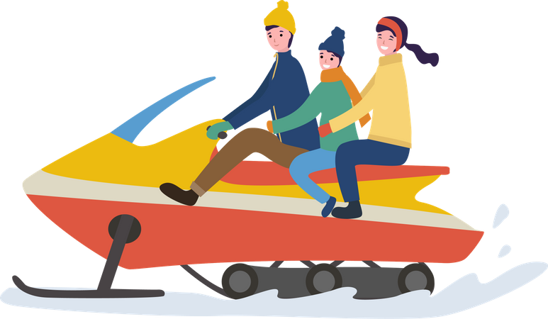Family enjoying snowmobiling Illustration