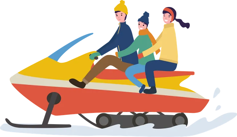 Family enjoying snowmobiling Illustration