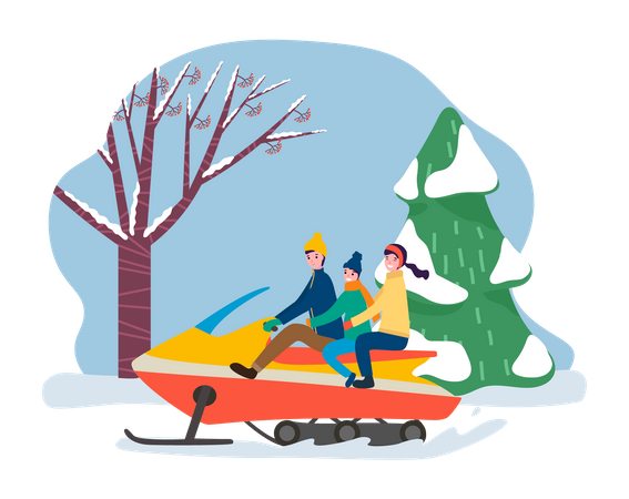 Family enjoying snowmobiling  Illustration