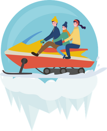 Family enjoying snowmobiling  Illustration