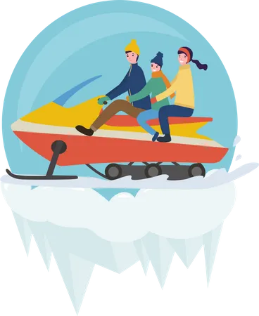 Family enjoying snowmobiling  Illustration