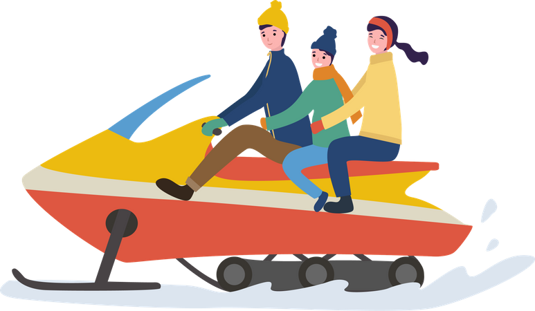 Family enjoying snowmobiling  Illustration