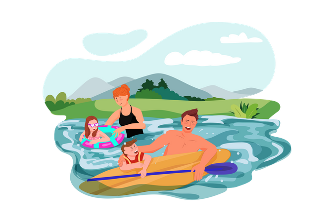 Family enjoying swimming in lake  Illustration