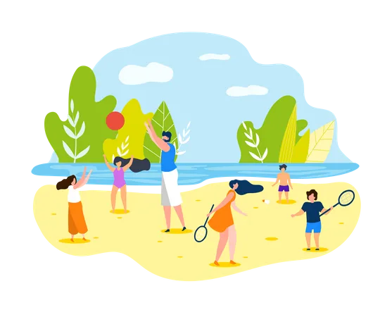 Family enjoying vacation on the beach  Illustration