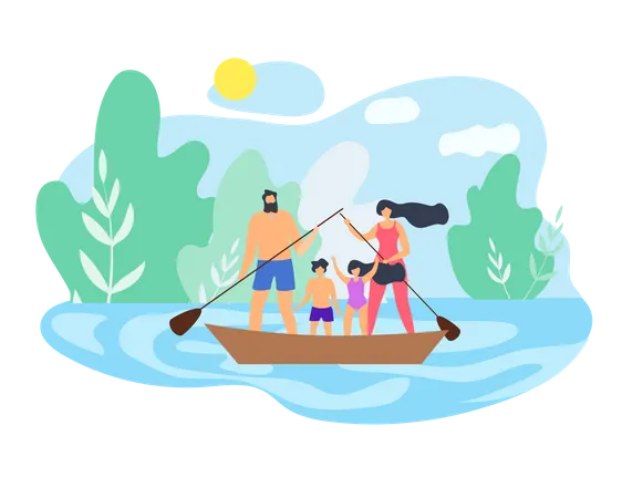 Summer Weekend Family On Beautiful Lake Dad Hold Paddle Float Boat Bright Nature Blue Sky Moving Sport In Fresh Air Active Life Position Regularly Play Sports And Trainings Vector Flat Illustration Illustration