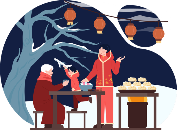 Family enjoys Chinese New year  Illustration