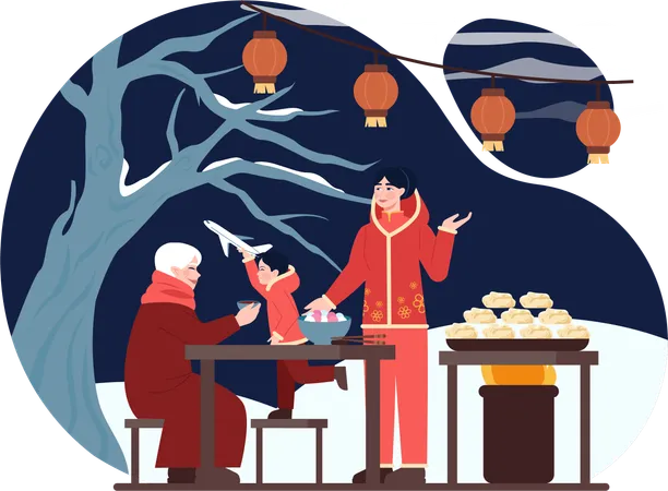 Family enjoys Chinese New year  Illustration