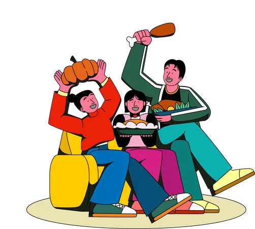 Family enjoys the preparation of Thanksgiving dinner  Illustration