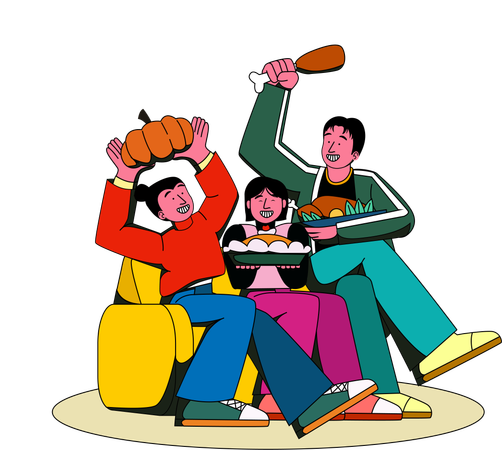 Family enjoys the preparation of Thanksgiving dinner  일러스트레이션