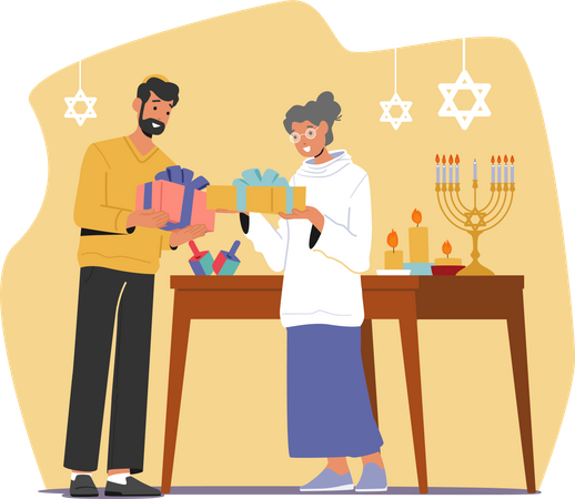 Family Exchange Gifts For Hanukkah Israeli Holiday Illustration