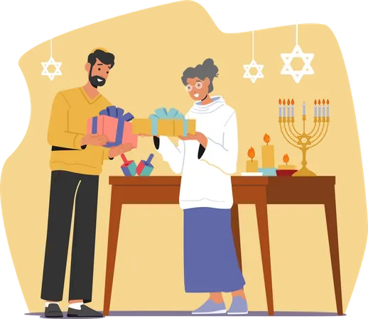 Family Exchange Gifts For Hanukkah Israeli Holiday Illustration