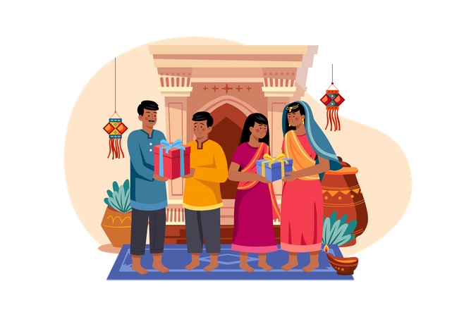 Family exchanging gifts on Diwali Illustration