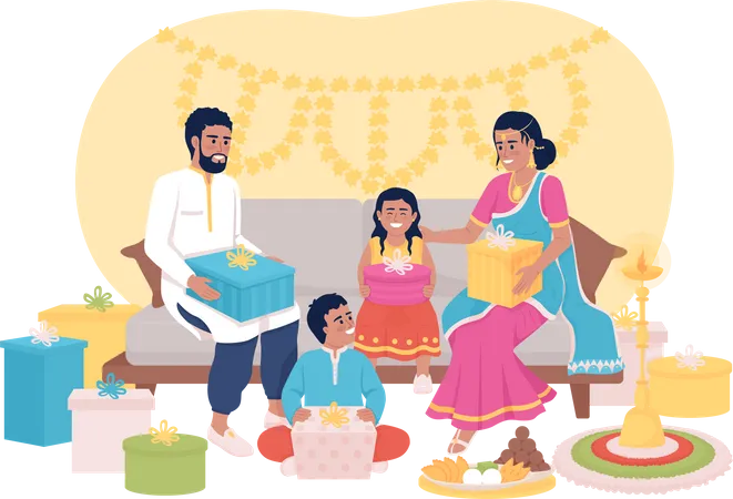 Exchange Gifts Tradition On Diwali 2 D Vector Isolated Illustration Celebrating Deepavali With Family Flat Characters On Cartoon Background Colourful Editable Scene For Mobile Website Presentation Illustration