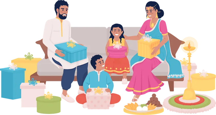 Family Exchanging Gifts On Diwali Semi Flat Color Vector Characters Editable Figures Full Body People On White Celebration Simple Cartoon Style Illustration For Web Graphic Design And Animation Illustration