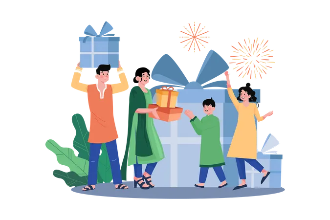 Indian People Give Gifts Together On Diwali Festival Illustration
