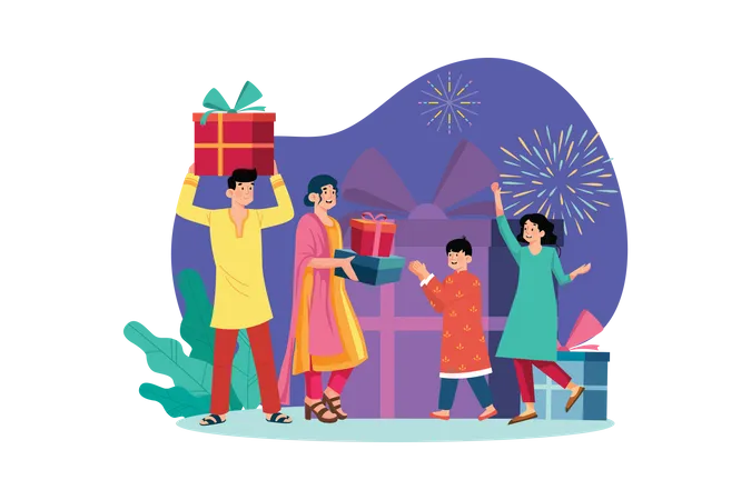 Family exchanging gifts on Diwali  Illustration