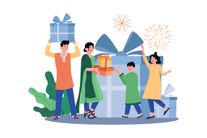 Family exchanging gifts on Diwali  Illustration