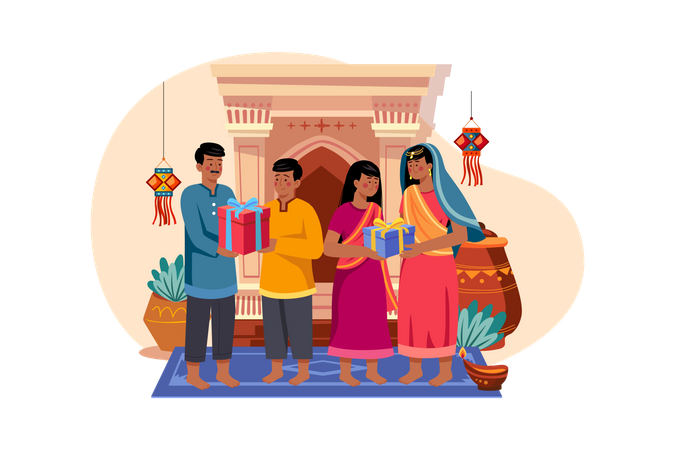 Family exchanging gifts on Diwali  Illustration