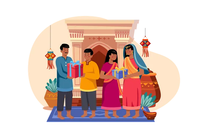 Family exchanging gifts on Diwali  Illustration