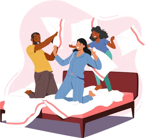 Family Fight on Pillows Illustration