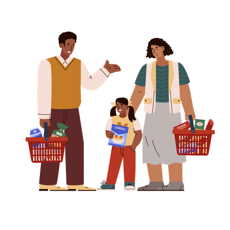 Family fills baskets with expensive groceries  Illustration