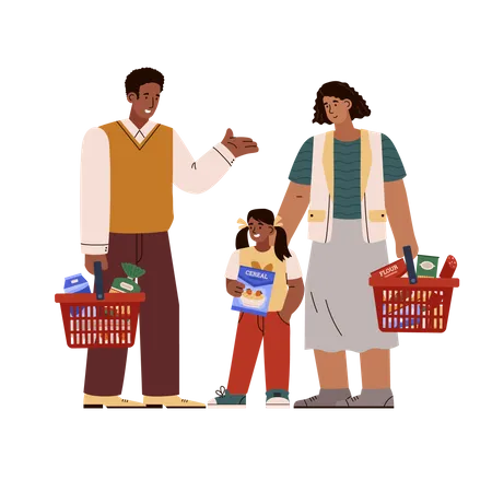 Family At The Grocery Store Fills Baskets With More Expensive Groceries People Frustrated By Rising Food Prices Flat Vector Illustration Isolated On White Background Illustration