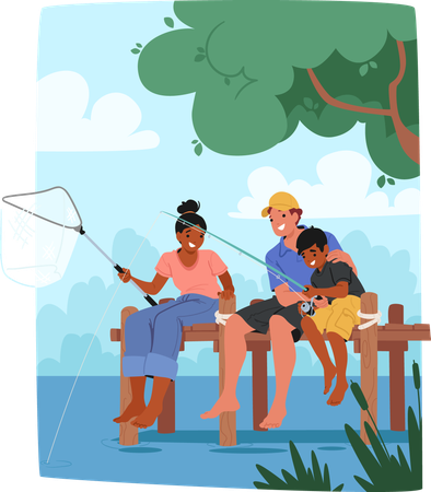 Family Fishing Sitting On Wooden Pier  Illustration