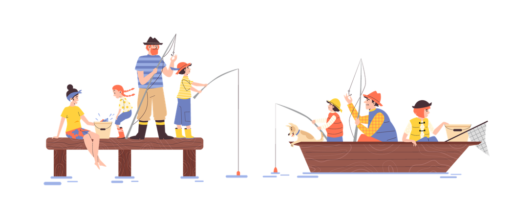 Family fishing together from boat and bridge  Illustration