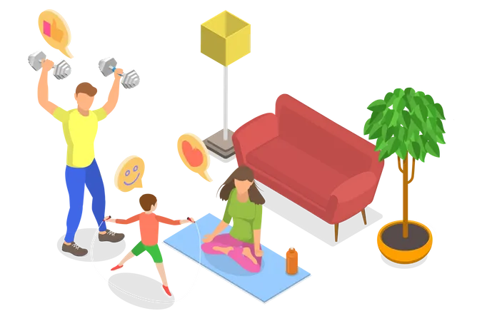3 D Isometric Flat Vector Conceptual Illustration Of Family Fitness As Home Happy Sports Activities Illustration