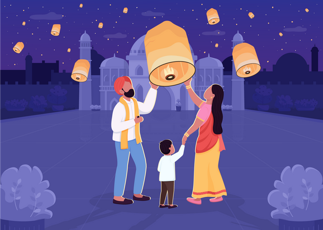 Family flying Lantern  イラスト
