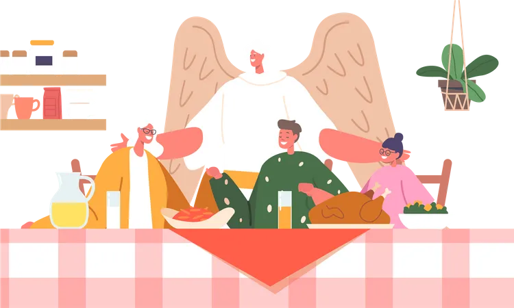 Grandmother Little Boy And Girl Family Characters Gathered Around A Table With A Turkey Praying While An Angel Watches Over Them Creating Blessed Atmosphere Cartoon People Vector Illustration Illustration