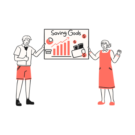 Family gathering around a board discussing their saving goals  Illustration