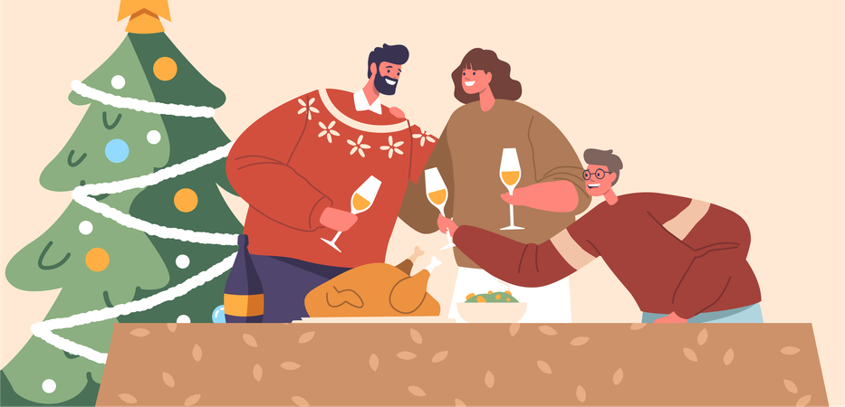 Family Gathers Around Christmas Table  Illustration