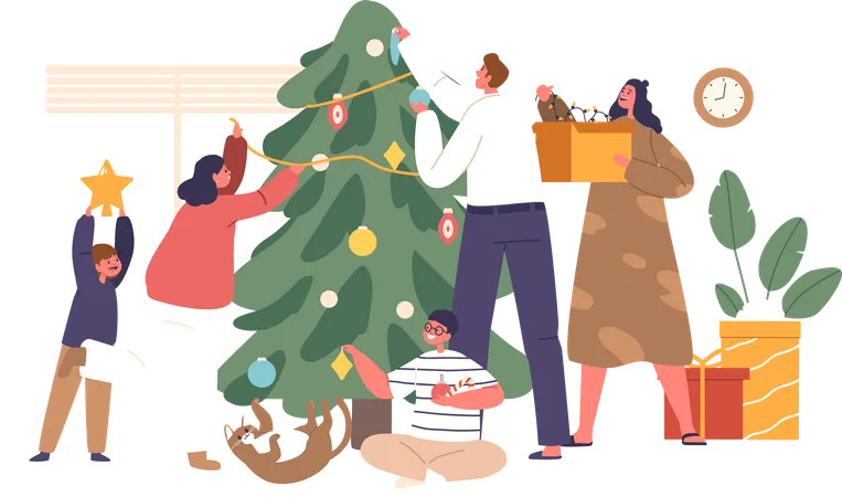 Joyful Family Characters Gathers Around Twinkling Christmas Tree Laughter Echoing As They Lovingly Decorate With Ornaments And Lights Creating Festive Memories Filled With Warmth And Holiday Spirit Illustration