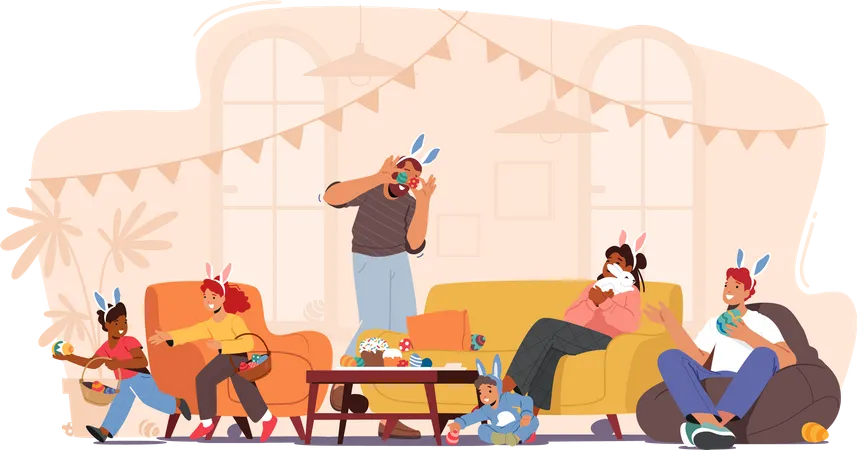 Family Characters Gathers Together At Home To Celebrate Easter They Enjoying Each Others Company Playing With Eggs And Indulging In Traditional Food And Sweets Cartoon People Vector Illustration Illustration