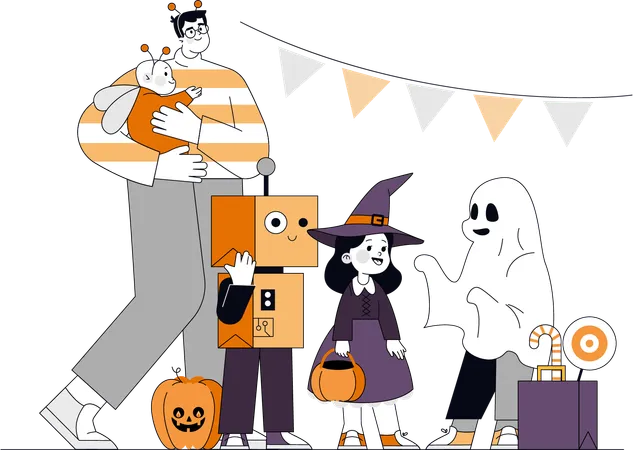 Family gets ready for Halloween party  Illustration