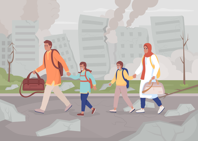 Family getting out of war-torn city  Illustration