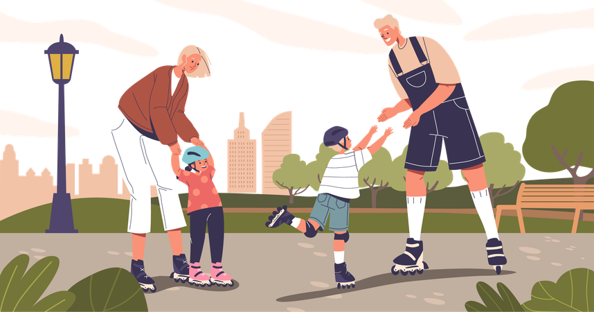Family glides on roller skates in summer park  일러스트레이션