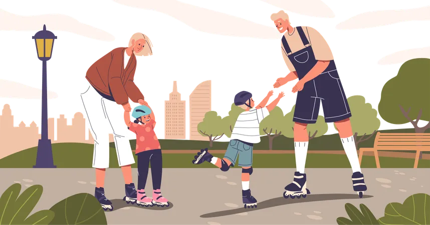 Family glides on roller skates in summer park  イラスト