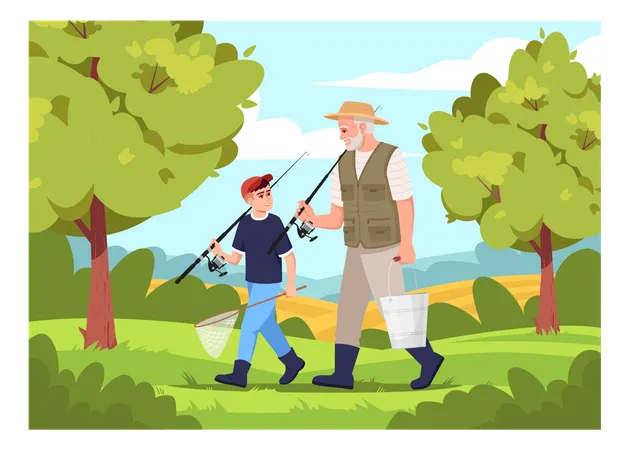 Family Going Fishing Together Semi Flat Vector Illustration Rural Lifestyle Summer Activity In Village Grandson With Grandfather With Fishing Rods 2 D Cartoon Characters For Commercial Use Illustration