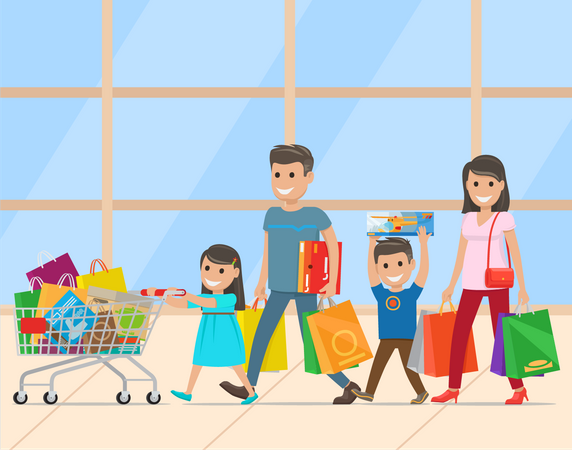 Family going for shopping in shopping mall  Illustration