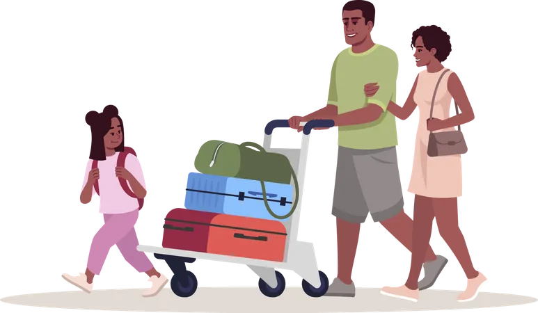 Family going for vacation carrying luggage bags  Illustration