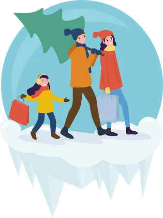 Family going home with Christmas tree Illustration