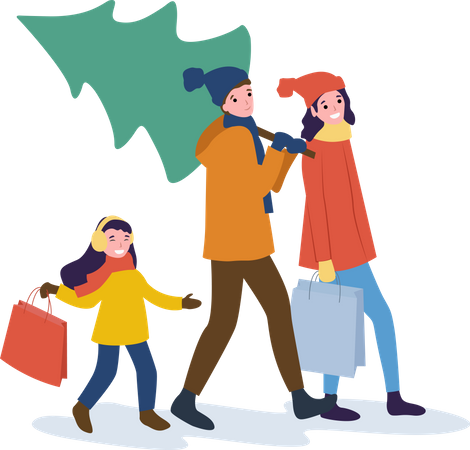 Family going home with Christmas tree  Illustration