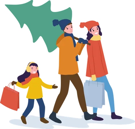 Family going home with Christmas tree  Illustration