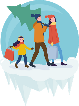 Family going home with Christmas tree  Illustration